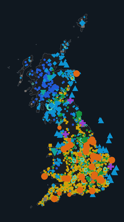 Map of Great Britain showing 3,366 operating power sites, 99.8 GW in total. Gas, offshore wind and onshore wind are the largest by capacity.