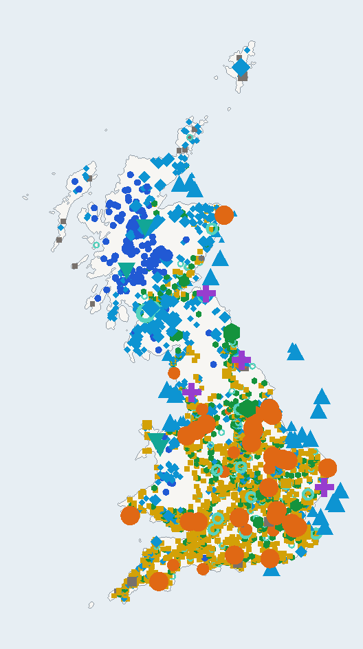 Map of Great Britain showing 3,366 operating power sites, 99.8 GW in total. Gas, offshore wind and onshore wind are the largest by capacity.